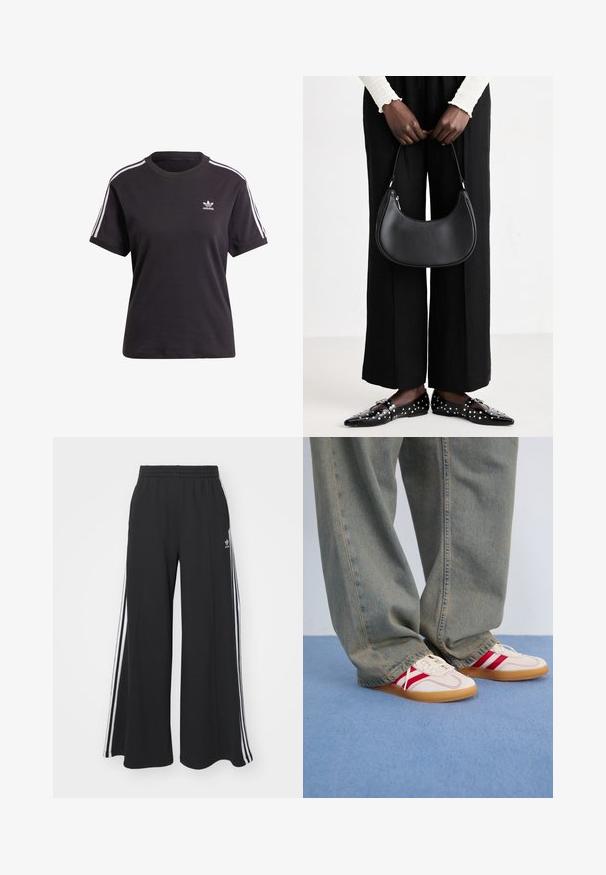 T-shirt preto de algodão de mangas curtas com gola redonda, apresentando riscas brancas nos ombros e um pequeno logotipo branco da Adidas no peito.; Calças de suor largas e pretas com uma cintura elástica, apresentando riscas brancas nas laterais e um logótipo bordado na coxa esquerda.; Tênis brancos com riscas vermelhas, parte superior em lona texturizada, biqueira arredondada, sola de borracha plana, combinados com calças de ganga largas e desbotadas em azul.; Bolsa de ombro de couro preta com forma arredondada, acabamento brilhante e ferragens prateadas. Pessoa vestindo calças largas pretas e mocassins com tachas.