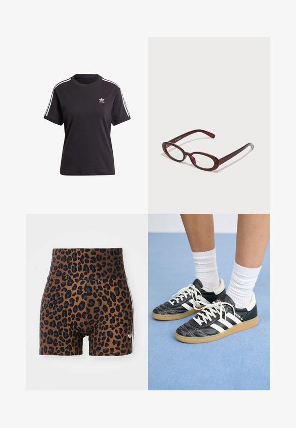 Černé bavlněné tričko s krátkým rukávem a kulatým výstřihem, na ramenou s bílými pruhy a malým bílým logem Adidas na hrudi.; Kraťasy s leopardím vzorem v hnědé a černé barvě, se širokým pasem a jemnými bílými postranními pruhy, vyrobené z pružného materiálu.; Černé kožené tenisky s bílými pruhy, kulatou špičkou, bílými tkaničkami a gumovou podrážkou. Zvýrazněno polstrovaným límcem a detaily s logem.; Ovalo tvarované červené sluneční brýle s průhlednými skly a elegantními hnědými rámy. Design má jemné křivky a minimální hardware.