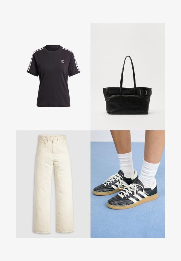 Must kõrge kaelusega must puuvillane T-särk lühikeste varrukatega, millel on valged triibud õlgadel ja väike valge Adidas'i logo rinna peal.; Laiade säärega teksad tumedalt valgest denimist, millel on kõrge vöökoht, vasest neetide ja klassikalise viie tasku disainiga. Tekstureeritud kangas puhaste äärtega.; Mustad nahast tennisetossud valgete triipudega, ümar nina, valged paelad ja kummist tallad. Esiletõstetud pehmendatud krae ja brändingu detailid.; Must mustræbt kott, millel on kaks pikka käepidet, sile tekstuur ja lai rihm, millel on ülaosas pandla detail.