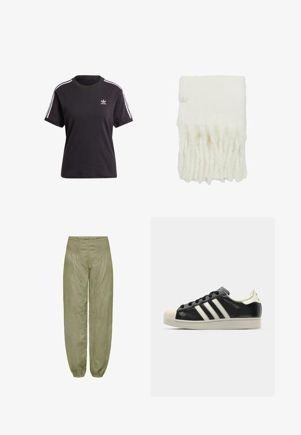 T-shirt noir en coton à manches courtes avec col rond, comportant des rayures blanches sur les épaules et un petit logo Adidas blanc sur la poitrine.; Pantalons loose-fit en vert olive clair, avec une taille smockée et des poignets élastiques ; fabriqués dans un tissu doux et texturé.; Baskets en cuir noir avec des rayures blanches, embout en caoutchouc, lacets noirs et semelle extérieure crème. Texture lisse avec une finition brillante.; Écharpe en laine blanche avec des franges en bas, présentant un bouton circulaire sur un côté. Texture douce, forme rectangulaire.; Sac à main en cuir noir avec deux poignées courtes, quincaillerie argentée, accents blancs et un logo blanc. Présente une surface texturée et un design compact.