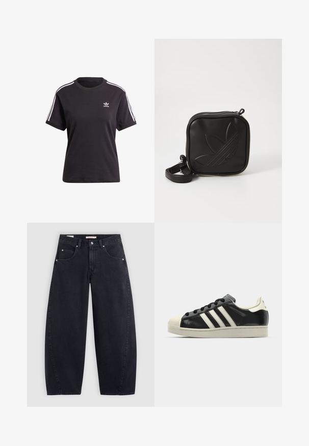Black cotton short-sleeve t-shirt with round neck, featuring white stripes on shoulders and a small white Adidas logo on the chest.; Black denim wide-leg jeans with a high waist, two front pockets, and silver hardware. Smooth texture, minimal stitching details, and straight cut.; Black leather sneaker with white stripes, rubber toe cap, black laces, and a cream-colored outsole. Smooth texture with shiny finish.; Black square crossbody bag made of textured synthetic material. Features an embossed logo design and adjustable strap. Zipper closure.