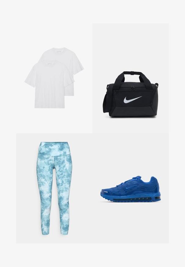 Dve bele bombažne majice s klasičnim krojem in kratkimi rokavi, ki se ponašajo z nežno teksturo in brez vidnih vzorcev ali poudarkov.; Visoko pasne atletske legging hlače iz mehkega materiala, z modrim akvarelnim vzorcem. Gladka tekstura s prilegajočim dizajnom in dolžino do gležnja.; Modra športna obutev iz mrežastega materiala in gume z teksturirano zgornjščino, vidnim zračnim blaženjem in vzorčastim podplatom. Ponuja odsevne detajle.; Črn torba na ramo iz gladkega blaga, z dvema zadrgama, oblazinjenimi ročaji in velikim belim logotipom Nike na sprednji strani.
