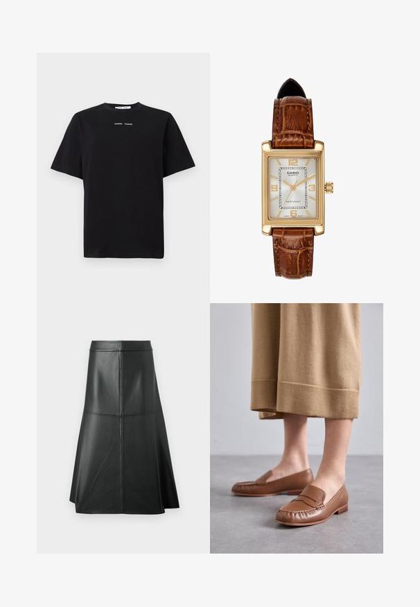 Black short-sleeve t-shirt made of cotton, featuring a round neck and two small white logos centered on the front. Smooth texture.; Black leather A-line skirt, smooth texture, mid-calf length, features horizontal stitching detail at the waist and seams for added structure.; MICHAEL Michael Kors CARLSON LOAFER - Slip-ons - brown; Casio quartz watch with a rectangular gold-tone case, white face, gold hour markers, and brown leather crocodile-pattern strap. Water-resistant.