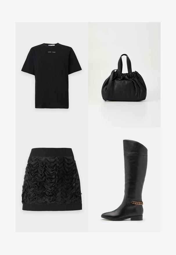 Tricou negru cu mânecă scurtă, fabricat din bumbac, având un gât rotund și două logo-uri mici albe centrate pe față. Textură fină.; Fustă mini neagră cu un front din chiffon încrețit, având un talie neagră netedă. Încrețiturile creează textură și mișcare.; Cizme negre din piele înalte, cu un design elegant, vârf ascuțit și un accent de lanț auriu la gleznă. Toc mic în formă de bloc. Textură netedă.; Geantă de mână din piele neagră cu un design cu partea superioară plisată, având două mânere scurte și o curea lungă ajustabilă. Textură netedă, formă rotunjită.