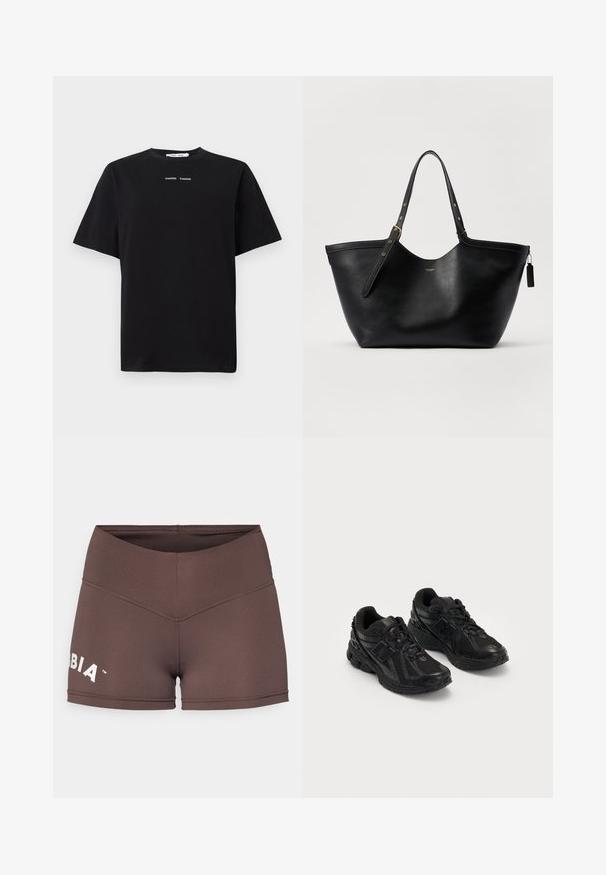Černé tričko s krátkým rukávem vyrobené z bavlny, s kulatým výstřihem a dvěma malými bílými logy umístěnými na středu přední části. Hladký textil.; Hnědé sportovní šortky s vysokým pasem, elastickým materiálem a bílým logem na levé straně. Hladká textura a obepínající design.; Černé sportovní boty vyrobené z síťoviny a syntetických materiálů. Mají polstrovanou podešvei s texturovanými vzory a reliéfním logem na boku.; Černá kožená tote taška se strukturovaným tvarem, dvojitými uchy a zlatými kovovými detaily. Má hladký povrch a dekorativní štítek.