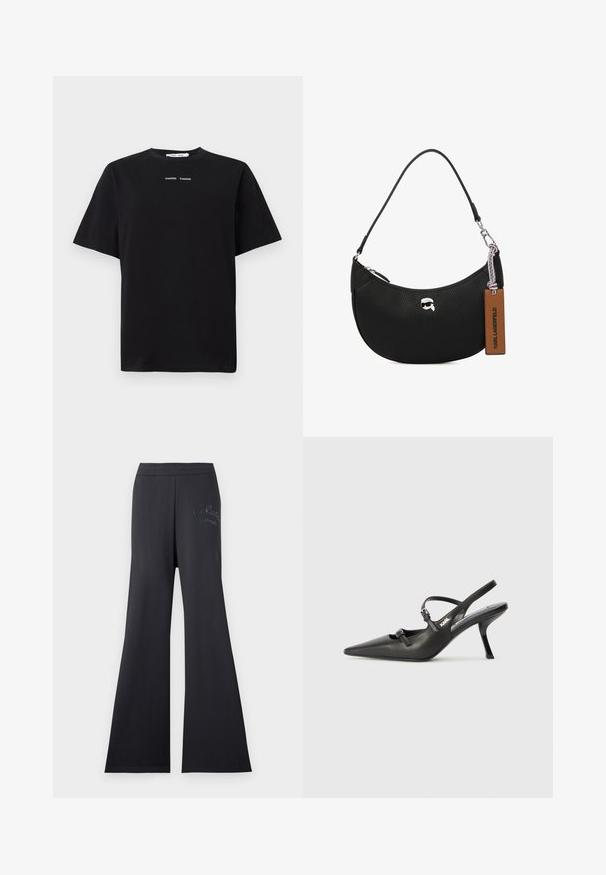 Camiseta negra de manga corta hecha de algodón, con cuello redondo y dos pequeños logotipos blancos centrados en la parte delantera. Textura suave.; Pantalones de pierna ancha negros con cinturilla elástica, hechos de un tejido suave. Presentan un detalle de logo bordado en color contrastante en el lateral.; Tacones slingback de cuero negro con punta afilada, tacón delgado y detalle decorativo de hebilla en la parte superior. Textura suave y diseño elegante.; Bolso de mano de cuero negro con textura granulada, forma curvada, cierre superior con cremallera, herrajes plateados y una etiqueta marrón. Presenta un acento con el logotipo.