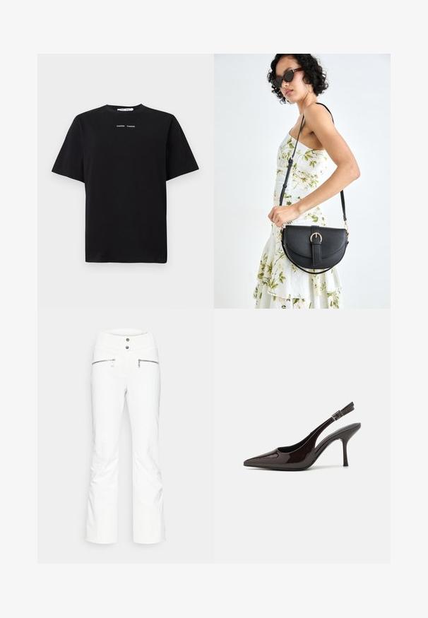 Fekete, rövid ujjú pamut póló, kerek nyakkal, elöl középen két kis fehér logóval. Sima textúra.; Fehér sínadrág, széles lábdesignttal, elülső cipzáras zsebekkel, bordás derékpánttal és átlós varrási részletekkel.; Fényes sötétbarna lakkbőr magas sarkú slingback cipő, hegyes orral, nyitott oldalakkal és állítható bokapánttal.; Fekete bőrtáska ívelt formával, levehető pánttal és arany színű fémrészekkel. A táskán egy csattal díszített fedél található.