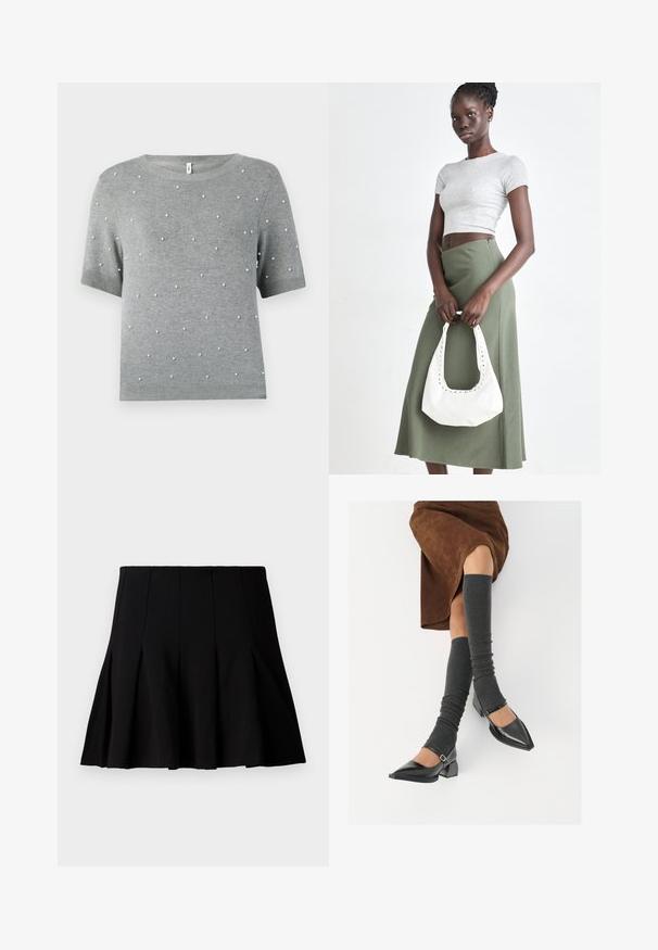 Grauer Kurzarmpullover mit Rundhalsausschnitt und verstreuten, perlenähnlichen weißen Akzenten. Weiche Stricktextur mit geripptem Saum und Ärmeln.; Schwarzer, kurzer, plissierter Rock aus einem glatten Stoff. Verfügt über einen elastischen Bund und eine ausgestellte Silhouette, die bis zur Mitte des Oberschenkels reicht.; Schwarze lacklederne spitze Schuhe mit Blockabsatz und Knöchelriemen, kombiniert mit grauen gerippten Beinstulpen und einem braunen Wildlederrock.; Grauer gerippter Croptop und olivgrüner Rock mit hoher Taille. Das Modell hält eine weiße Schultertasche mit Ausschnittdetails. Schlichte Gestaltung, taillierte Silhouette.