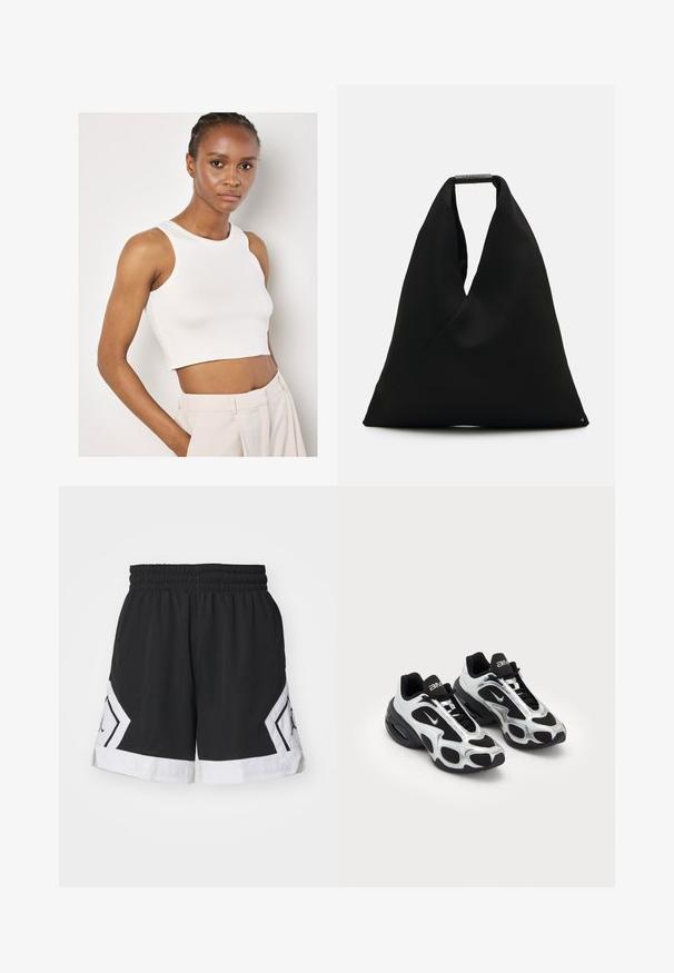 Apricot Top - white; Bermudas deportivas negras con una cinturilla elástica, ribete blanco y acentos en forma de diamante que presentan un logotipo en negro en los lados.; Zapatos deportivos negros y plateados con parte superior de malla y sintético, que presentan un diseño ondulante distintivo y un collar acolchado, con amortiguación de aire en la suela.; Bolsa de tela negra con un diseño en forma de V único y una textura suave. Presenta un asa corta con un detalle de hardware minimalista.; Guantes sin dedos negros hechos de material elástico, con un diseño de palma abierta, acentos antideslizantes y el logo de Nike en blanco.