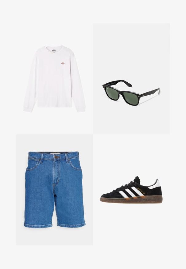 Balta, garām piedurknēm T-krekls, izgatavots no kokvilnas. Uz krūtīm ir mazs, apaļš daudzkrāsains logo. Vienkāršs dizains ar ribotām piedurknēm.; Zili džinsu šorti ar klasisku dizainu, piecām kabatām, pogu aizdari un taisnu griezumu ar apstrādātām malām.; Melnas Adidas sporta kurpes ar baltām svītrām, zelta "Spezial" uzrakstu, gumijas zoli un baltu papēža daļu, attēlotas profila skatījumā.; Melnas plastmasas saulesbrilles ar zaļiem lēciem, kvadrātveida rāmjiem, sudrabainu akcentu uz uzacīm un teksturētām tempļu kājām. Zīmols norādīts uz iekšējās kājas.