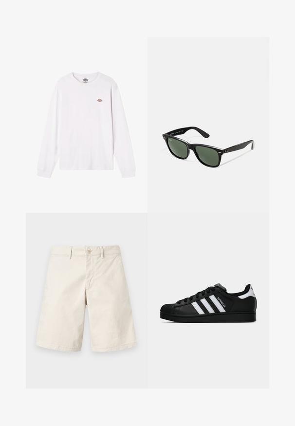Biała, długorękawowa koszulka z bawełny. Posiada małe, okrągłe, wielokolorowe logo na piersi. Prosty design z ściągaczami przy mankietach.; Beżowe bawełniane szorty o prostym kroju, z pojedynczym zapięciem na guzik, szlufkami na pasek i bocznymi kieszeniami. Gładka tekstura, prosty design bez wzorów.; Czarne sneakersy Adidas Superstar z białymi paskami, noskiem w kształcie muszli i napisem "Superstar" na boku, zaprezentowane w profilu bocznym na białym tle.; Czarne plastikowe okulary przeciwsłoneczne z zielonymi szkłami, kwadratowe oprawki, srebrny akcent na brwi oraz fakturowane ramiona temple. Nazwa marki podana na wewnętrznej stronie ramion.