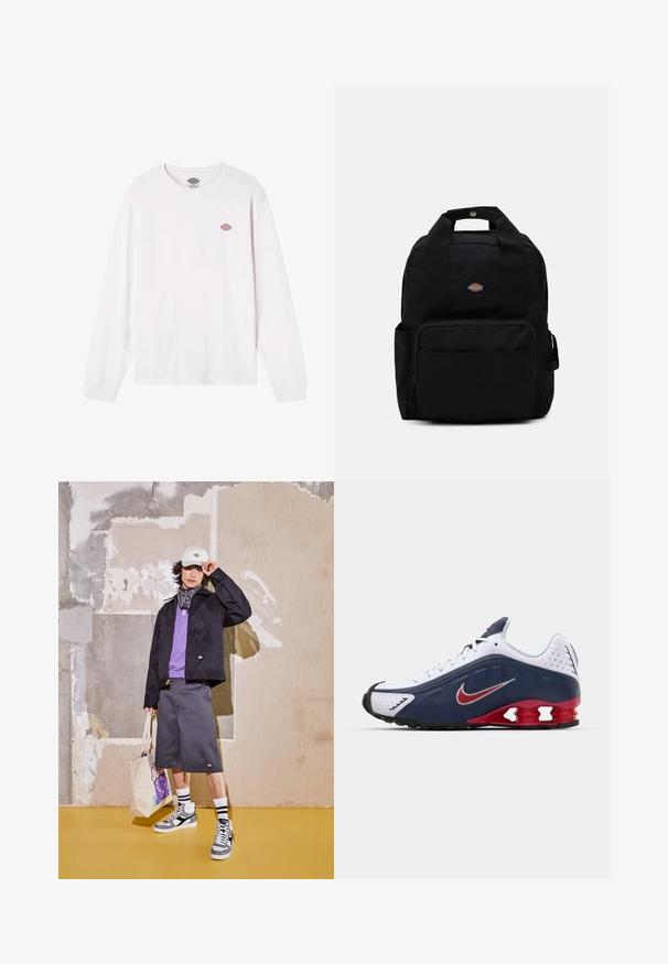 Hvid langærmet t-shirt lavet af bomuld. Har et lille rundt flerfarvet logo på brystet. Enkel design med ribbede manchetter.; Sort jakke, lilla skjorte, grå shorts og hvide sneakers med grå detaljer. Accessories inkluderer en hvid kasket og en mønstret tote bag.; Hvide og marineblå atletiske sko med røde detaljer, netpaneler, polstret krave og et særpræget såledesign med synlige støddæmpningsenheder.; Sort rygsæk lavet af holdbart stof, med to skulderremme, et håndtag på toppen og en frontlomme med lynlås. Logo på forsiden.