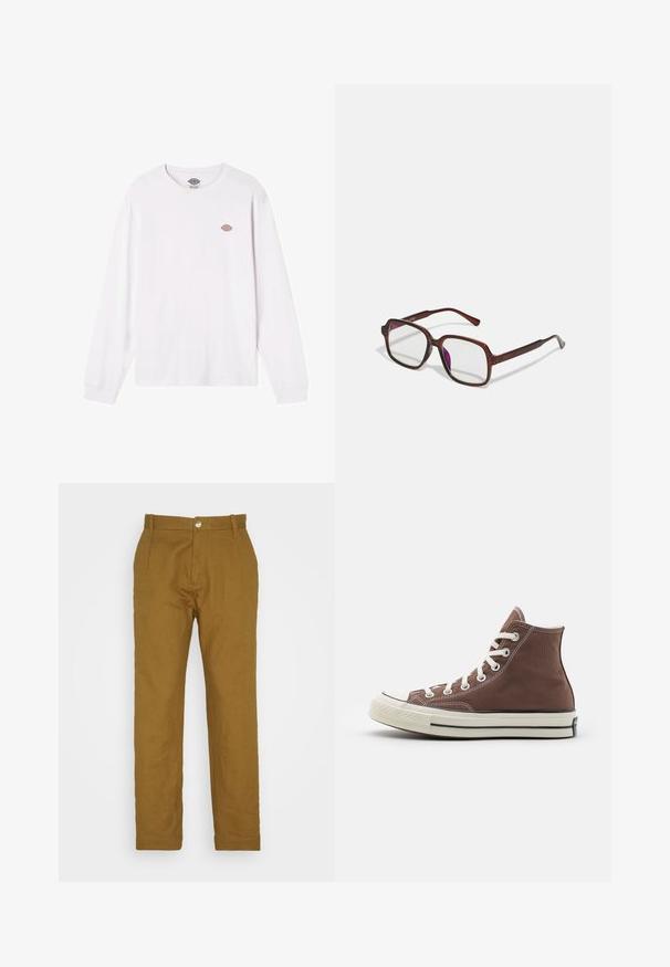 Fehér, hosszú ujjú, pamut póló. A mellkason egy kicsi, kerek, színes logó található. Egyszerű dizájn, bordázott mandzsettával.; Esprit STRAIGHT PLEAT - Nadrágok - olive; Magas szárú barna vászon sportcipő fehér fűzőkkel, gumírozott orral és fekete csíkkal a talpon. Fehér varrással és klasszikus dizájnnal rendelkezik.; Barna, téglalap alakú szemüveg áttetsző lencsékkel és lila árnyalattal. Simító műanyag keret, egyenes szárakkal és diszkrét díszítésekkel.