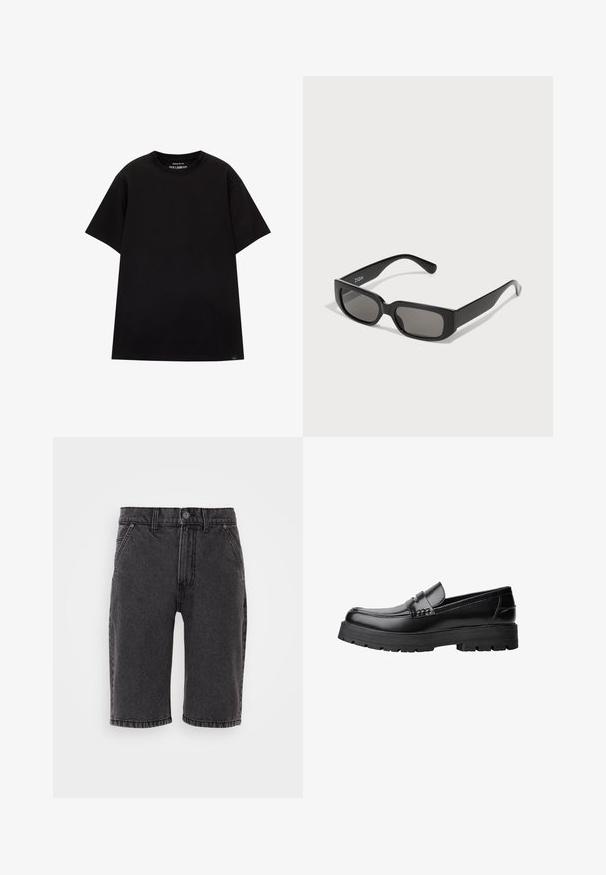 PULL&BEAR JOIN LIFE - Basic T-shirt - black; Black denim shorts with a straight cut, featuring a button and zipper closure, five pockets, and subtle stitching details.; Black leather loafer with chunky treaded sole and decorative strap across the upper, shown in left side profile on white background.; Black rectangular sunglasses with gray-tinted lenses, made of smooth plastic. Features a minimalist design with straight arms and subtle branding.