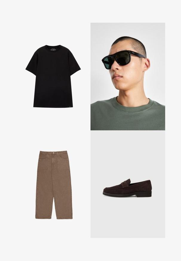 PULL&BEAR JOIN LIFE - Tricou basic - black; Pantaloni largi brown din bumbac, cu două buzunare frontale și închidere cu buton. Țesătura are o textură moale și un finisaj mat.; Mocasini din suede maro cu un profil scăzut și vârf rotunjit. Prezintă o curea decorative pe partea superioară, talpă din cauciuc plat și fără cusături vizibile.; Ochelari de soare rectangulari negri cu lentile închise, având o formă distinctivă și branding pe templu. Purtați de o persoană într-o cămașă verde.