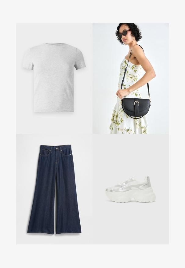 Siva kratka majica s kratkimi rokavi in krožnim izrezom, izdelana iz mešanice bombaža, z gladko površino in preprostim, neokrasitim dizajnom.; Jeans hlače širokih hlačnic v temno modri barvi. Imajo visok pas, pet žepov in kontrastno šivanje. Gladek tekstura z urejenim robom.; Srebrna tenisica s teksturiranim mrežastim gornjim delom i iridescentnimi akcenti, ki ima masiven bel podplat in vezanje.; Črna usnjena torbica s ukrivljeno obliko, z odstranljivo naramnico in zlatimi dodatki. Torbica ima pokrov s podrobnostmi v obliki zaponke.