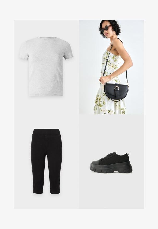 Šedé tričko s krátkym rukávom a okrúhlym výstrihom, vyrobené z bavlnenej zmesi, s hladkou textúrou a jednoduchým, nezdobeným dizajnom.; Čierne skrátené denimové nohavice s elastickým pásom, ktoré majú hladkú textúru a prehnutý lem. Navrhnuté pre pohodlie a voľnosť pohybu.; Čierne tenisky s masívnou gumovou podrážkou, textúrovaným textilným zvrškom, okrúhlou špičkou a šnurovaním. Obsahujú spevnené očká a zadný úchop.; Čierna kožená kabelka s zaobleným tvarom, odnímateľným popruhom a zlatými doplnkami. Kabelka má klopu s detailom s prackou.