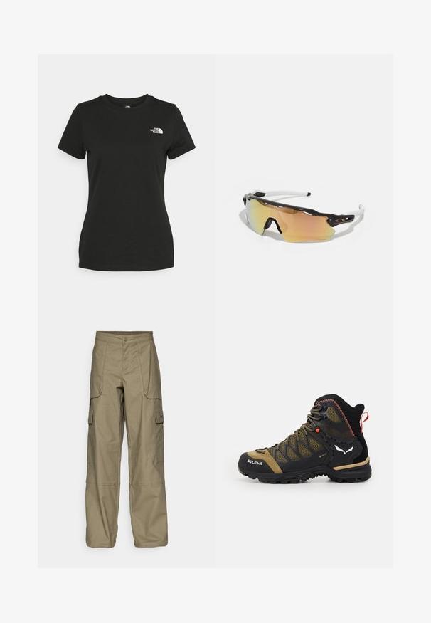 Svart bomull t-shirt med rund halsringning och korta ärmar. Anmärkningsvärt vitt logotyp på övre vänstra sidan. Slät yta, avslappnad passform.; Cargo byxor i olivgrön tyg, med en lös passform, flera sidofickor och en knappstängning i midjan. Slät textur.; Mellanhöjd vandringssko i svart och olivgrön, med ovandel i lättviktigt nätmaterial, gummisula och texturerade detaljer samt en draglapp baktill.; Solglasögon med en svart och vit ram, stora spegelglas med gyllene och rosa nyanser, aerodynamisk design och en förlängd ytterkant.