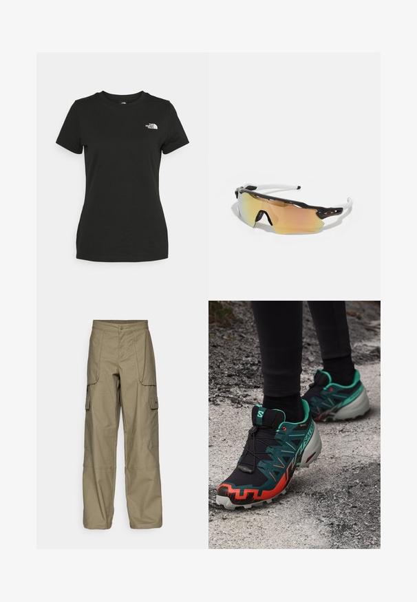 T-shirt de algodão preta com decote redondo e mangas curtas. Logótipo branco notável no lado superior esquerdo. Textura suave, ajuste casual.; Calças cargo em tecido verde-oliva, com um corte solto, múltiplos bolsos laterais e fecho com botão na cintura. Textura suave.; Salomon SPEEDCROSS 6 GTX - Sapatilhas de trail running - black/electric green/cherry tomato; Óculos de sol com uma armação em preto e branco, grandes lentes espelhadas em tons dourados e rosa, design aerodinâmico e uma borda externa alargada.
