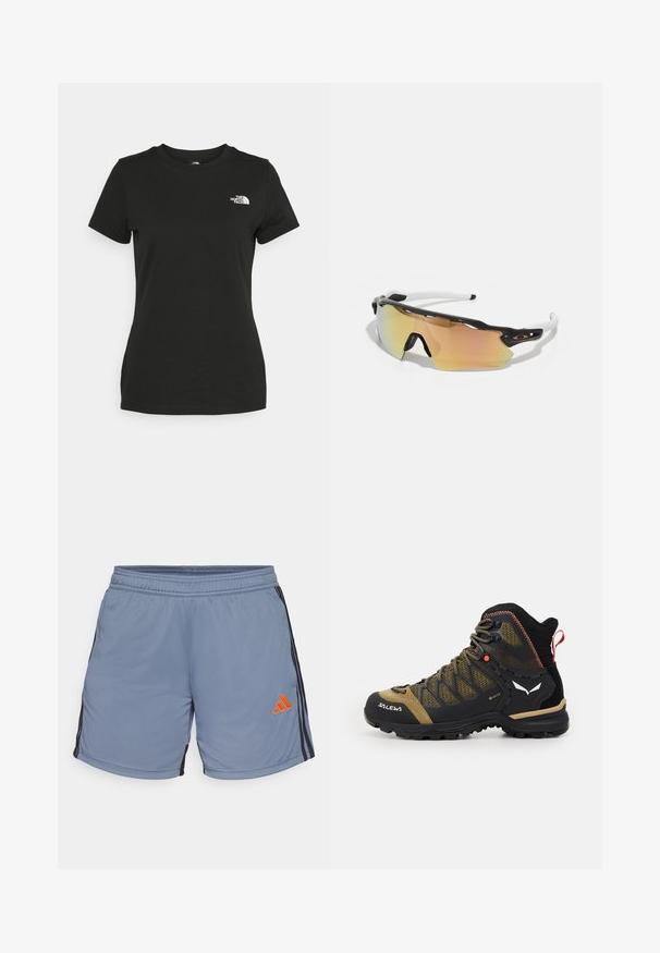 Camiseta de algodón negra con cuello redondo y mangas cortas. Logo blanco notable en el lado superior izquierdo. Textura suave, ajuste casual.; Pantalones cortos deportivos de color azul claro con una cinturilla elástica, rayas negras a los lados y un logo de adidas naranja en la parte inferior izquierda.; Bota de senderismo de altura media en negro y verde oliva, con parte superior de malla, suela de goma y acentos texturizados, además de una pestaña trasera para tirar.; Gafas de sol con montura en blanco y negro, lentes grandes espejados en tonos dorados y rosas, diseño aerodinámico y un borde exterior ampliado.