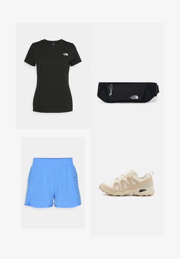 T-shirt de algodão preta com decote redondo e mangas curtas. Logótipo branco notável no lado superior esquerdo. Textura suave, ajuste casual.; Calções atléticos azul claro com cintura elástica, bolsos laterais e detalhes em costura contrastante. Textura suave com um corte solto.; Sapatilha atlética beige e creme com parte superior em malha texturizada, sobreposições de suporte e sola de borracha com um padrão de cravo para tração.; The North Face SUNRISER RUN BELT UNISEX - Bolsa de cintura - black/white