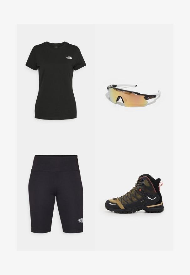 T-shirt in cotone nero con collo a giro e maniche corte. Logo bianco ben visibile sulla parte superiore sinistra. Tessuto liscio, vestibilità casual.; Pantaloni ciclistici neri realizzati in tessuto elastico, con un alto cinturino in vita e un piccolo logo bianco sul lato sinistro. Texture liscia, lunghezza fino al ginocchio.; Scarpa da trekking a media altezza in nero e verde oliva, con tomaia in rete, suola in gomma e dettagli testurizzati, dotata di un pratico tab per il tallone.; Occhiali da sole con montatura bianca e nera, lenti specchiate grandi nei toni dell'oro e del rosa, design aerodinamico e un bordo esterno allargato.