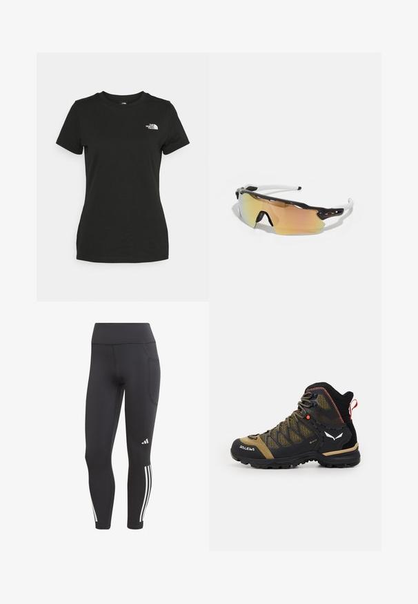 Musta puuvillahihaton t-paita, jossa on pyöreä kaula-aukko ja lyhyet hihat. Huomattava valkoinen logo vasemmassa yläkulmassa. Sujuva kangas ja rento leikkaus.; adidas Performance DAILYRUN 3S 7/8 - Trikoot - black; Kävelykengät mid-korkeudella mustana ja oliivinvihreänä, joissa on verkkokangas yläosa, kumipohja ja teksturoituja yksityiskohtia takana olevaan vetotikkuun.; Auringonlaskulasit, joissa on musta-valkoinen kehys, isot peilipinnat kultaisina ja vaaleanpunaisina sävyinä, aerodynaaminen muotoilu ja pidennetty ulkorimma.