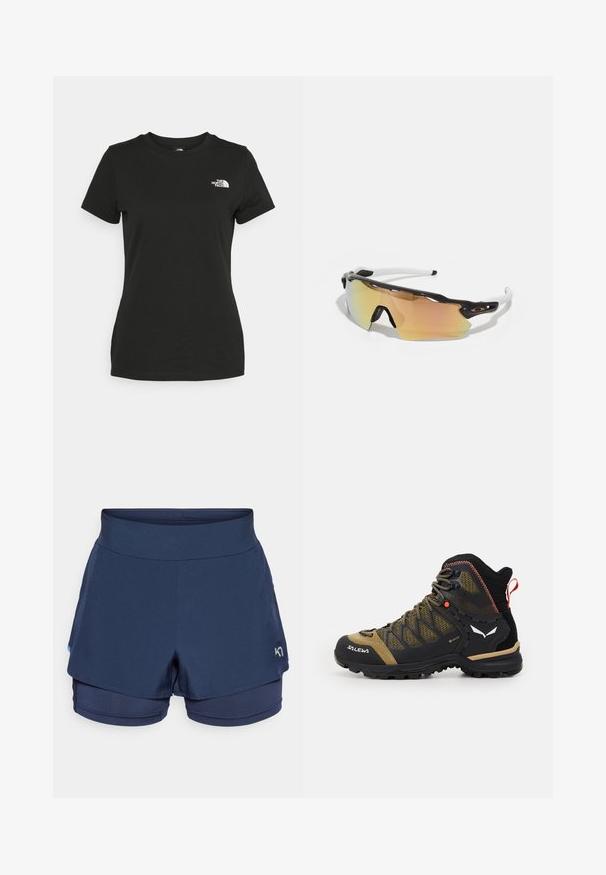 Čierne bavlnené tričko s okrúhlym výstrihom a krátkymi rukávmi. Výrazné biele logo na hornej ľavej strane. Hladká štruktúra, pohodlný strih.; Námornícke modré športové šortky s viacerými vrstvami, s širokým pásom a vnútornými trenýrkami v zodpovedajúcej farbe, vyrobené z pružného materiálu.; Stredne vysoká turistická obuv v čiernej a olivovo zelenej farbe, s priehľadnou sieťovinou, gumovou podrážkou a textúrovanými akcentmi, vybavená zadným úchopovým pútkom.; Slnečné okuliare s čierno-bielym rámom, veľké zrkadlové šošovky v zlatých a ružových odtieňoch, aerodynamický dizajn a predĺžený vonkajší okraj.