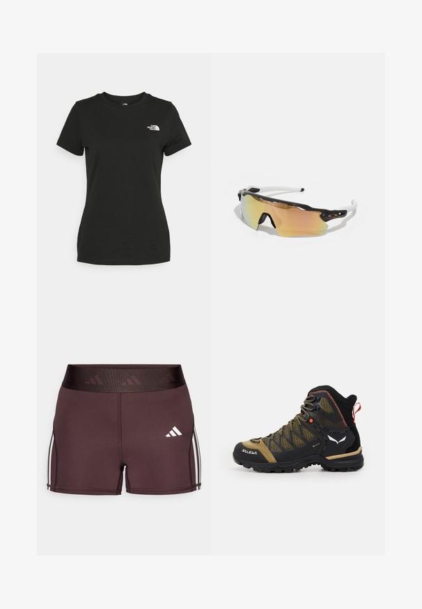 Mustvalge puuvillane t-särk, millel on ümber kaeluse lõige ja lühikesed varrukad. Märkimisväärne valge logo vasakul ülal nurgas. Sile tekstuur, mugav lõige.; Bordo värvi spordilühikesed püksid kõrge vöökohaga, millel on logo ja valged küljeribad. Valmistatud siledast, elastsemast kangast mugavuse tagamiseks.; Keskmise kõrgusega matkasaapad mustas ja oliivrohelises, millel on võrkkangas, kummist talla ja tekstuuriga aksessuaarid tagaküljel tõmbluku jaoks.; Mustkristallidega prillid musta ja valge raamiga, suured peegeldavad läätsed kuldse ja roosa varjundiga, aerodünaamiline disain ja pikendatud välimine äär.