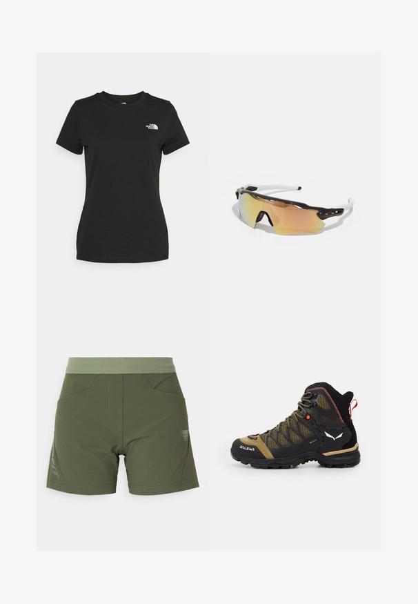 Czarna bawełniana koszulka z okrągłym dekoltem i krótkimi rękawami. Wyróżniające się białe logo na górnej lewej stronie. Gładka tekstura, luźny krój.; Oliwkowe szorty z elastycznym pasem, dwoma przednimi kieszeniami i akcentem logo po lewej stronie. Gładka tekstura i dopasowany krój.; Wysokie buty hikingowe w kolorze czarnym i oliwkowym, z siateczkową cholewką, gumową podeszwą oraz teksturowanymi akcentami, wyposażone w tylną pętlę do zakupu.; Okulary przeciwsłoneczne z czarno-białą oprawką, dużymi lustrzanymi soczewkami w złotych i różowych odcieniach, aerodynamiczny kształt oraz wydłużona zewnętrzna krawędź.