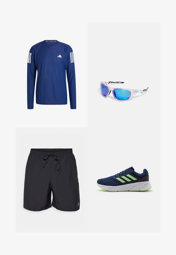 T-shirt de course à manches longues bleu marine en tissu texturé, avec des rayures blanches sur les épaules et un petit logo blanc sur la poitrine.; Shorts noirs à taille élastique avec un cordon de serrage réglable et un petit logo réfléchissant sur la jambe gauche.; Baskets de course en maille bleu marine avec des accents verts, trois rayures blanches, semelle rembourrée et dessus texturé pour la respirabilité et le soutien.; Lunettes de sport avec monture claire, verres miroités bleus et violets, design angulaire et accents noirs sur les branches.
