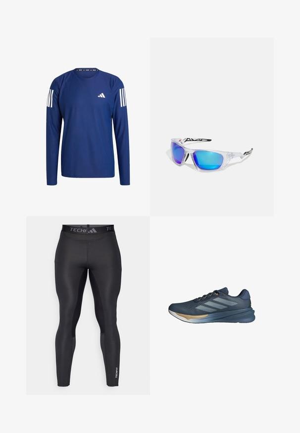 T-shirt de course à manches longues bleu marine en tissu texturé, avec des rayures blanches sur les épaules et un petit logo blanc sur la poitrine.; Leggings de sport noirs avec une texture lisse, dotés d'une taille large étiquetée "TECHFIT" et de subtils accents sur les panneaux latéraux.; adidas Performance SUPERNOVA STRIDE 2 - Chaussures de running sur route - preloved ink cloud white dark blue; Lunettes de sport avec monture claire, verres miroités bleus et violets, design angulaire et accents noirs sur les branches.