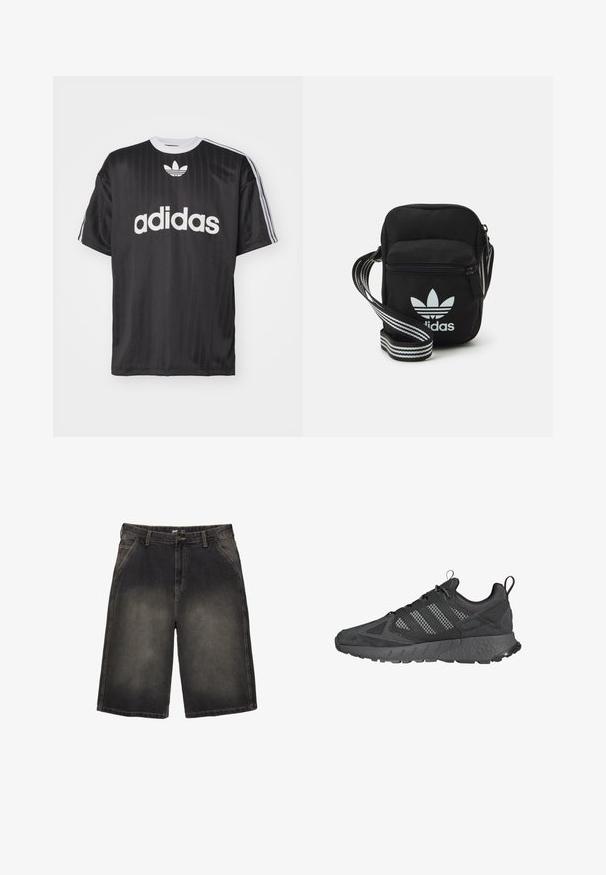 Zwarte t-shirt met korte mouwen, voorzien van een witte "adidas" logo en drie strepen op elke schouder. Gemaakt van glad, lichtgewicht materiaal met een ronde hals.; Spijkerbroek shorts in een donkergrijze was, met vijf zakken, riemlussen en contrasterende stiksels. De stof vertoont subtiele vervaging.; Zwarte sportieve schoenen met een bovenwerk van mesh en suede, een gestructureerde rubberen zool, een gevoerde kraag en een kenmerkend ontwerp met drie strepen in het grijs.; Zwarte stoffen schoudertas met een ritssluiting, voorzien van een wit Adidas-logo en een gestreepte, verstelbare schouderband voor gemakkelijk dragen.
