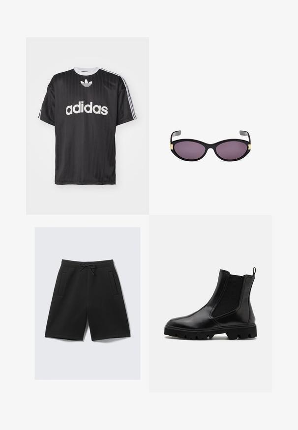 Black short-sleeve t-shirt featuring white "adidas" logo and three stripes on each shoulder. Made of smooth, lightweight material with a crew neck.; Black athletic shorts made of soft fabric, featuring an elastic waistband with a drawstring, and two front pockets. Smooth texture, knee-length cut.; Black Chelsea boots with a glossy leather finish, elastic side panels, a pull tab, and a chunky rubber sole with traction treads.; Black cat-eye sunglasses with purple lenses. Features gold accents near the temples. Smooth plastic frame with a glossy finish.