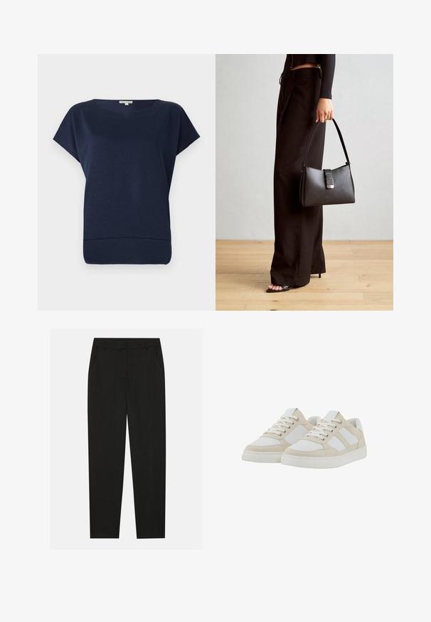 Marineblå kortærmet top med afslappet pasform, rund halsudskæring og subtil tekstur. Blødt stof med en kant, der buer let opad.; Sorte bukser med en skræddersyet design, der har sidelommer og lige ben. Lavet af glat, letvægtsstof med en elegant finish.; Beige og hvide sneakers med en struktureret overdel, snørelukning og polstret krave. Har tre hvide sidestropper og en gummisål.; Sort håndtaske med struktureret form, glat overflade og metalspænde. Sammen med brede sorte bukser og sandaler med åben tå på trægulv.