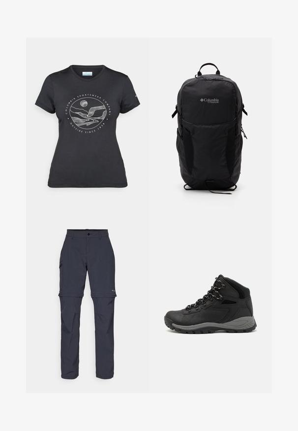 T-shirt preto da Columbia com arte em linha branca circular representando montanhas e rios, e o texto "Columbia Sportswear Company Outside Since 1938."; Calças de caminhada cinza-escuro com fecho éclair removível, feitas de tecido leve, com uma cintura padrão, múltiplos bolsos e uma textura suave.; Bota de caminhada preta com design de cano médio, apresentando um upper texturizado, detalhes cinzentos e sola de borracha durável com cravos de tração.; Mochila Black Columbia Titanium com uma textura de tecido suave, bolsos laterais, pega superior e alças ajustáveis. Design minimalista com uma marcação subtil.