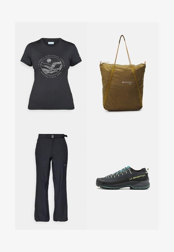 T-shirt preto da Columbia com arte em linha branca circular representando montanhas e rios, e o texto "Columbia Sportswear Company Outside Since 1938."; Calças pretas para exterior com um tecido leve, cintura ajustável com um cinto e dois bolsos frontais. Projetadas para conforto e utilidade.; Sapatilha de caminhada preta com detalhes em teal e amarelo. Apresenta um material superior texturizado, sola acolchoada e uma sola de borracha durável para tração.; Saco de nylon em verde-oliva, durável, com uma superfície texturizada, apresentando um fecho em zíper, detalhes em amarelo contrastante e pegas trançadas.