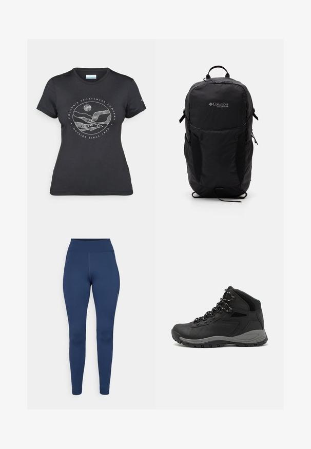 Black Columbia t-shirt with white circular mountain and river line art and text "Columbia Sportswear Company Outside Since 1938."; Navy blue leggings made of stretchy fabric, featuring a high waistband and a side pocket. Smooth texture with flat seams.; Black hiking boot with a mid-top design, featuring a textured upper, gray accents, and durable rubber sole with traction lugs.; Black Columbia Titanium backpack with a smooth fabric texture, side pockets, top handle, and adjustable straps. Minimalist design with subtle branding.