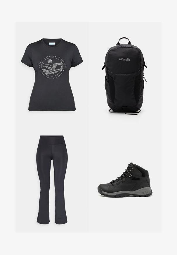 Black Columbia t-shirt with white circular mountain and river line art and text "Columbia Sportswear Company Outside Since 1938."; Black flared leggings made of stretchy fabric, featuring a high waistband and a smooth, matte texture. No visible patterns or accents.; Black hiking boot with a mid-top design, featuring a textured upper, gray accents, and durable rubber sole with traction lugs.; Black Columbia Titanium backpack with a smooth fabric texture, side pockets, top handle, and adjustable straps. Minimalist design with subtle branding.