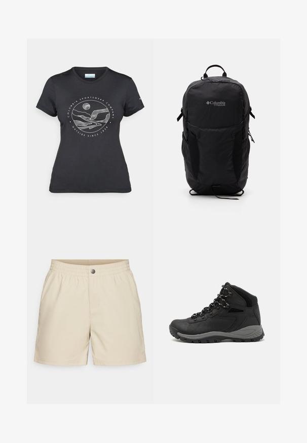 Black Columbia t-shirt with white circular mountain and river line art and text "Columbia Sportswear Company Outside Since 1938."; Beige shorts made of lightweight fabric, featuring an elastic waistband, front pockets, and a single snap closure, with a smooth texture.; Black hiking boot with a mid-top design, featuring a textured upper, gray accents, and durable rubber sole with traction lugs.; Black Columbia Titanium backpack with a smooth fabric texture, side pockets, top handle, and adjustable straps. Minimalist design with subtle branding.