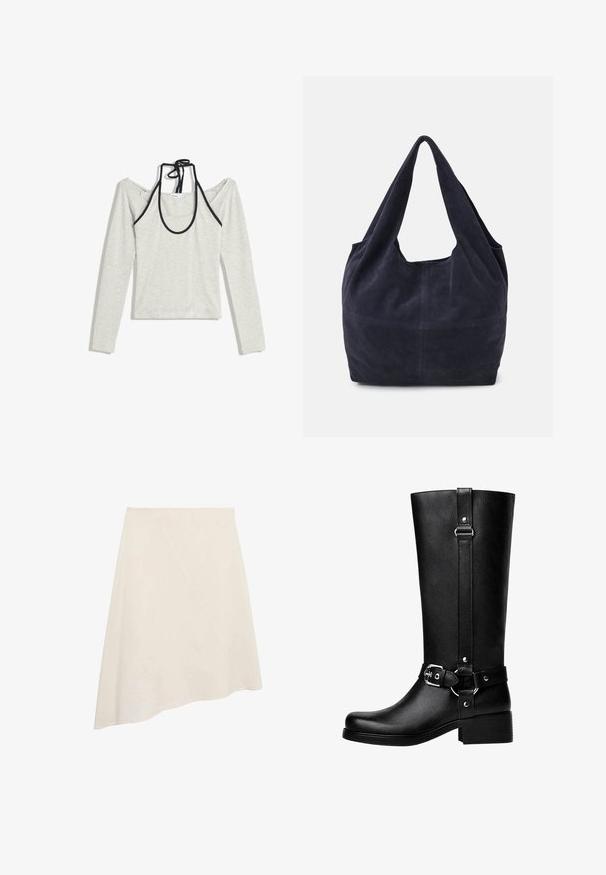 Hellgraues langärmliges Oberteil mit schulterfreiem Design und schwarzen Akzenten. Verfügt über einen runden Ausschnitt mit einem Bindeband im Rücken. Aus Baumwollmischung.; Asymmetrischer beiger Rock aus glattem Stoff, mit einer diagonalen Naht als Designdetail und einem knielangen Schnitt.; Hohe schwarze Kunstlederstiefel mit einer abgerundeten Zehe, einem Akzentgürtel-Schnallen-Detail und einem stabilen Absatz. Glatte Textur und vertikale Naht am Schaft.; Navy Blau Wildleder-Handtasche mit einer lässigen Form, breiten Schulterriemen und sichtbarem Steppnähdetail am Körper.
