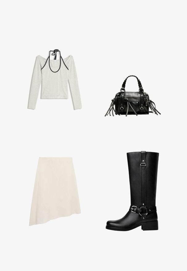Svetlo šedý dlhý rukáv top s off-shoulder dizajnom a čiernymi akcentmi. Má okrúhly výstrih s viazaním na chrbte. Materiál z bavlnenej zmesi.; Asymetrická béžová sukňa vyrobená z hladkého materiálu, s diagonálnym švom pre dizajnový detail a dĺžkou po kolená.; Vysoké čierne botas z umelého koženého materiálu s okrúhlou špičkou, detailom s prackou na opasku a hrubým podpätkom. Hladká textúra a vertikálny šev na nohavici.; Čierna kožená kabelka s pletenými uchami, textúrovaným povrchom, zipsovým predným vreckom a dekoratívnymi strapcami. Kompaktne tvarovaná a štruktúrovaná.