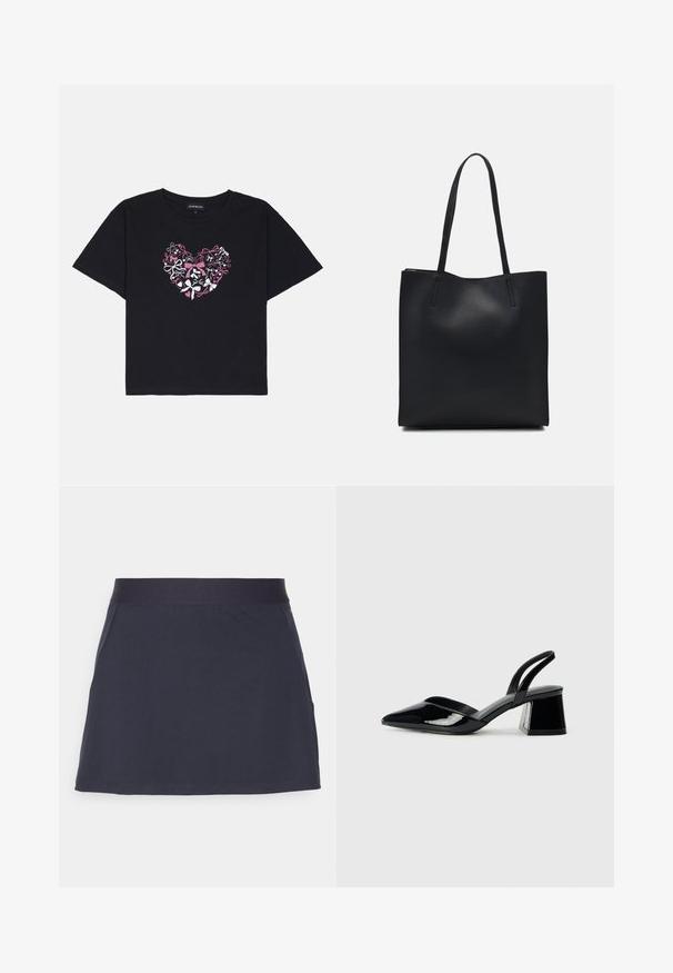 Melna kokvilnas T-krekls ar īsām piedurknēm, kura centrā ir sirds dizains, izveidots no daudzkrāsainām lūkām rozā, baltā un melnā krāsā.; Jūras zilas mini svārki, izgatavoti no gludas, elastīgas auduma. Raksturīga plata, elastīga jostu un vienkāršs, tīrs griezums bez papildu akcentiem.; Melna lakota āda ar atvērto papēdi, ar smailu purngalu un ģeometrisku blokpapēdi. Iezīmējas elegants, minimāls dizains un gluda tekstūra.; Melnas ādas somiņa ar gludu tekstūru, taisnstūra formu un divām garām rokturiem. Nav redzamu aparatūras vai rotājumu.