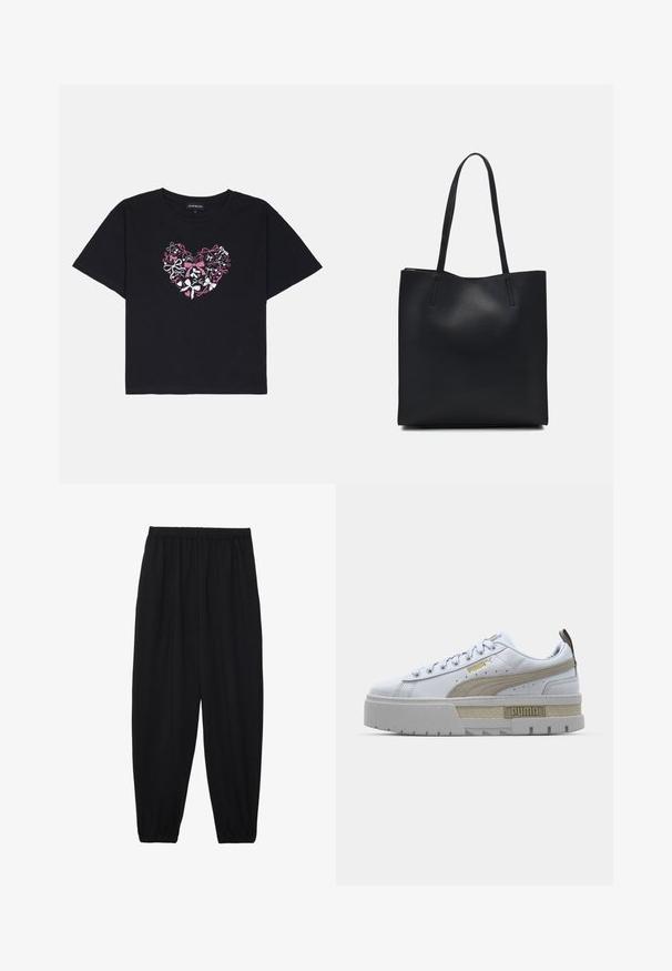 Must värviline puuvillane T-särk lühikeste varrukatega, millel on südamekujuline disain, mis koosneb roosa, valge ja musta värvi kaarist. Süda asub T-särgi keskosas.; Mustad, kerge kangas püksid elastse vöökoha ja kokku volditud pahkluudega. Kanga pind on sile ja disain on lõdvestunud, kitsenev.; Valged sneakers prominents beež triip, paks hall tallaga ja kuldsete aktsentidega. Omab ümarat paela ja tekstuuriga keelega, millel on brändingu märk.; Mustast nahast kott sujuva tekstuuriga, ristkülikukujuline ja kahe pika sangaga. Pole nähtavat riistvara ega kaunistusi.