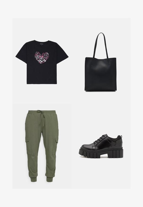 Černé bavlněné tričko s krátkým rukávem, uprostřed srdce vytvořené z barevných mašlí v růžové, bílé a černé barvě.; Olivově zelené tepláky vyrobené z měkké tkaniny, s elastickým pasem na šňůrku, zúženými manžetami a bočními kapsami na cargo.; Černé kožené platformové boty s masivním blokovým podpatkem, kulatou špičkou a tradičním šněrováním. Mají hladký povrch a minimální detaily.; Černá kožená taška přes rameno s hladkým povrchem, obdélníkovým tvarem a dvěma dlouhými uchy. Žádné viditelné kování ani ozdoby.