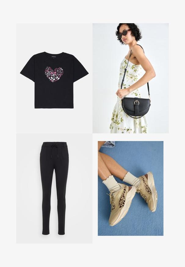 Black cotton t-shirt with short sleeves featuring a heart design made of colorful bows in pink, white, and black at the center.; Black, tapered joggers made from a soft, stretchy fabric. Features an elastic waistband with drawstring and side pockets. Smooth texture.; Legs crossed wearing beige Puma sneakers with leopard print stripes and ruffled cream socks on a blue carpeted floor.; Black leather handbag with a curved shape, detachable strap, and gold hardware. The bag features a flap with a buckle detail.