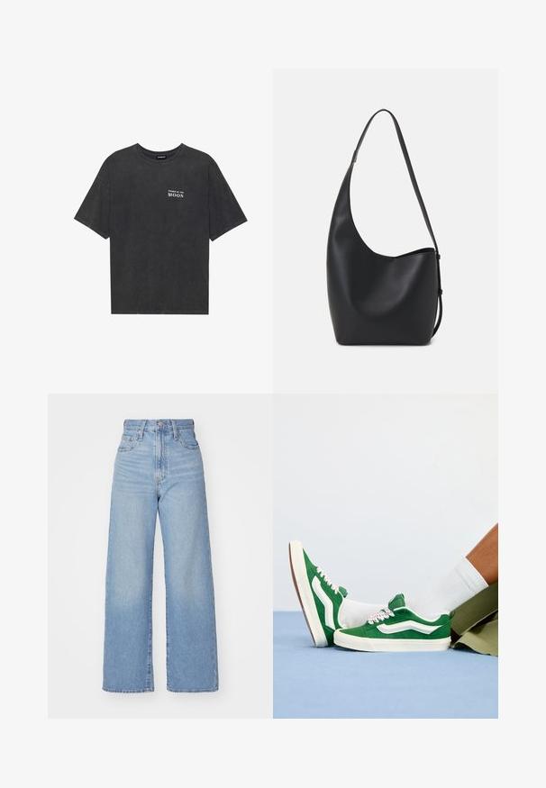 Black cotton t-shirt with a loose fit, featuring “PHASES OF THE MOON” text in white on the left chest. Short sleeves, crew neck design.; Light blue high-waist wide-leg jeans with front button and zip closure, front and back pockets, on a white background.; Green suede sneakers with white accents, textured laces featuring pink details, and a tan rubber sole, worn with white socks and green shorts.; Black leather hobo bag with a smooth texture, curved shape, and single adjustable strap; features a wide opening at the top.