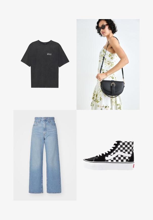 Juoda medvilninė marškiniai su laisvu kirpimu, su „MĖNULIO PHAZĖS“ tekstu balta spalva kairėje krūtinės pusėje. Trumpomis rankovėmis, apvaliu kaklu.; Šviesiai mėlynos aukšto liemens plačios kojos džinsai su priekiniais užtrauktukais ir sagom, priekinėmis ir galinėmis kišenėmis, ant baltos fono.; Juodos ir baltos aukštos sportinės bateliai su šachmatų raštu, zomšinė viršutinė dalis, kontrastingos baltos raišteliai ir balta guma su raudonu logotipu.; Juodas odinis krepšys su išlenkta forma, nuimamu dirželiu ir auksiniais detalėmis. Krepšys turi kilpą su sagtimi.