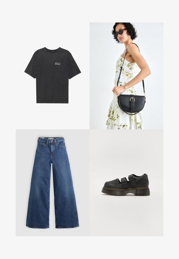 Zwarte katoenen T-shirt met een losse pasvorm, voorzien van de tekst "FASEN VAN DE MAAN" in het wit op de linkerborst. Korte mouwen, ontwerp met ronde hals.; Brede spijkerbroek van blauw denim met vijf zakken, een knoopsluiting en contrasterende stiksels, met een zachte en gestructureerde afwerking.; Zwarte leren schoen met twee verstelbare gespbandjes, verhoogde geprofileerde zool en zichtbare oranje stiksels langs de middenzool.; Zwarte leren handtas met een gebogen vorm, afneembare schouderband en gouden hardware. De tas heeft een klep met een gespsluiting.