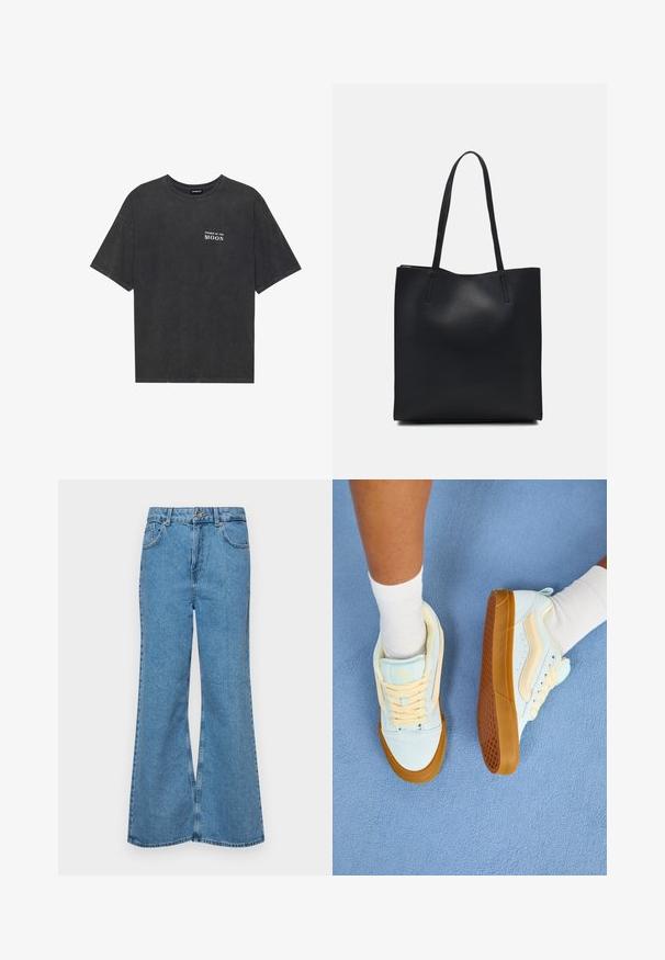 Black cotton t-shirt with a loose fit, featuring “PHASES OF THE MOON” text in white on the left chest. Short sleeves, crew neck design.; Light blue flared jeans made of denim, featuring a high waist, five pockets, and a single button closure. Soft texture with faded finish.; Light blue sneakers with cream accents, featuring laces, a rubber sole, and textured grip. Worn with white crew socks on a blue surface.; Black leather tote bag with smooth texture, rectangular shape, and two long handles. No visible hardware or embellishments.